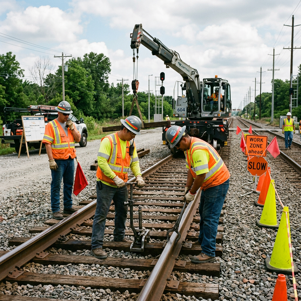 Three workers in helmets and orange safety vests repairing railroad tracks with tools and machinery