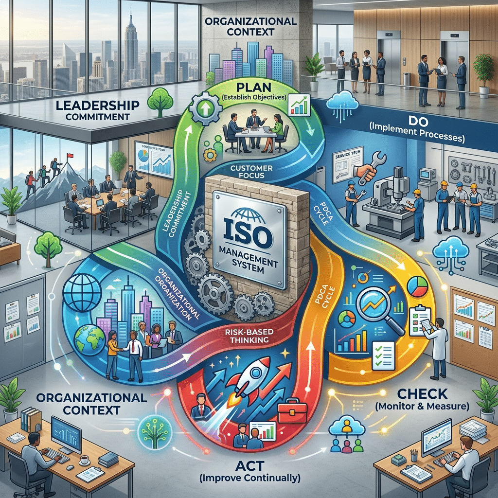 Infographic of ISO Management Systems concept with Plan, Do, Check, Act cycle and organizational context elements